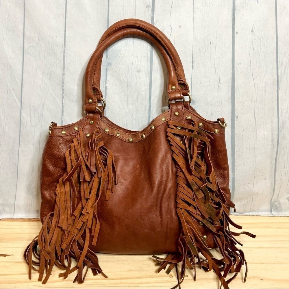 RAJ Brown Distressed Leather Studded Fringe Hobo Bag Large New Anthro Western